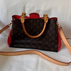 Almost new Monogram Satchel with Red Trim and Tan Handles